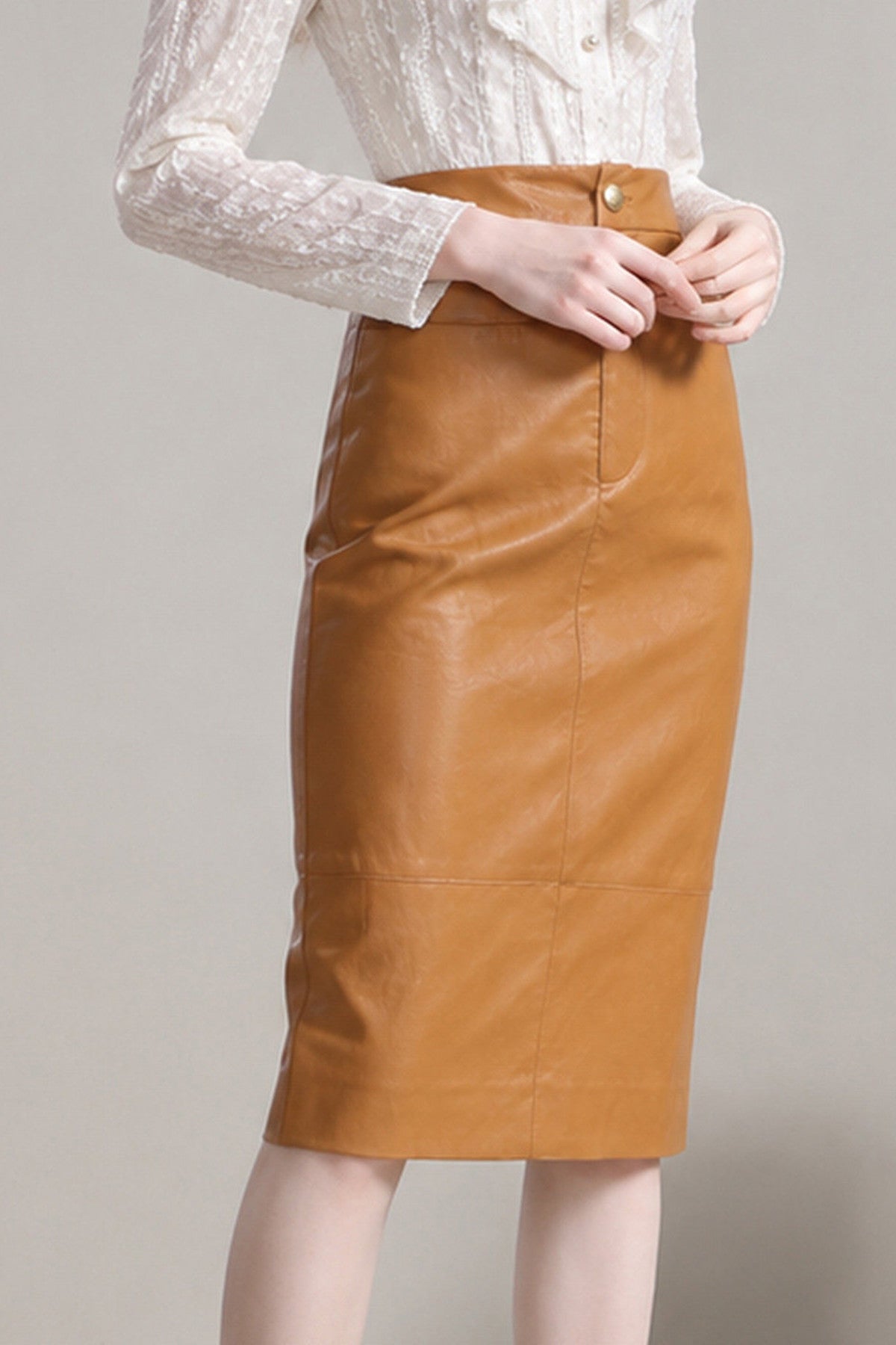 Brown Amber PU Leather Half-Length Straight Skirt