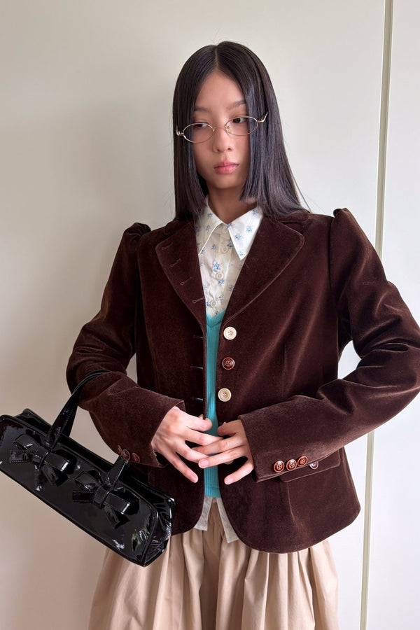 Brown Notch Lapel Puff Sleeve Blazer