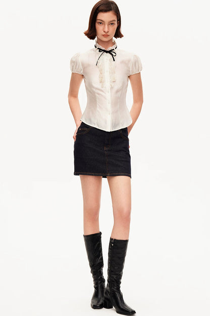 White Tencel Satin Puff Sleeve T-Shirt
