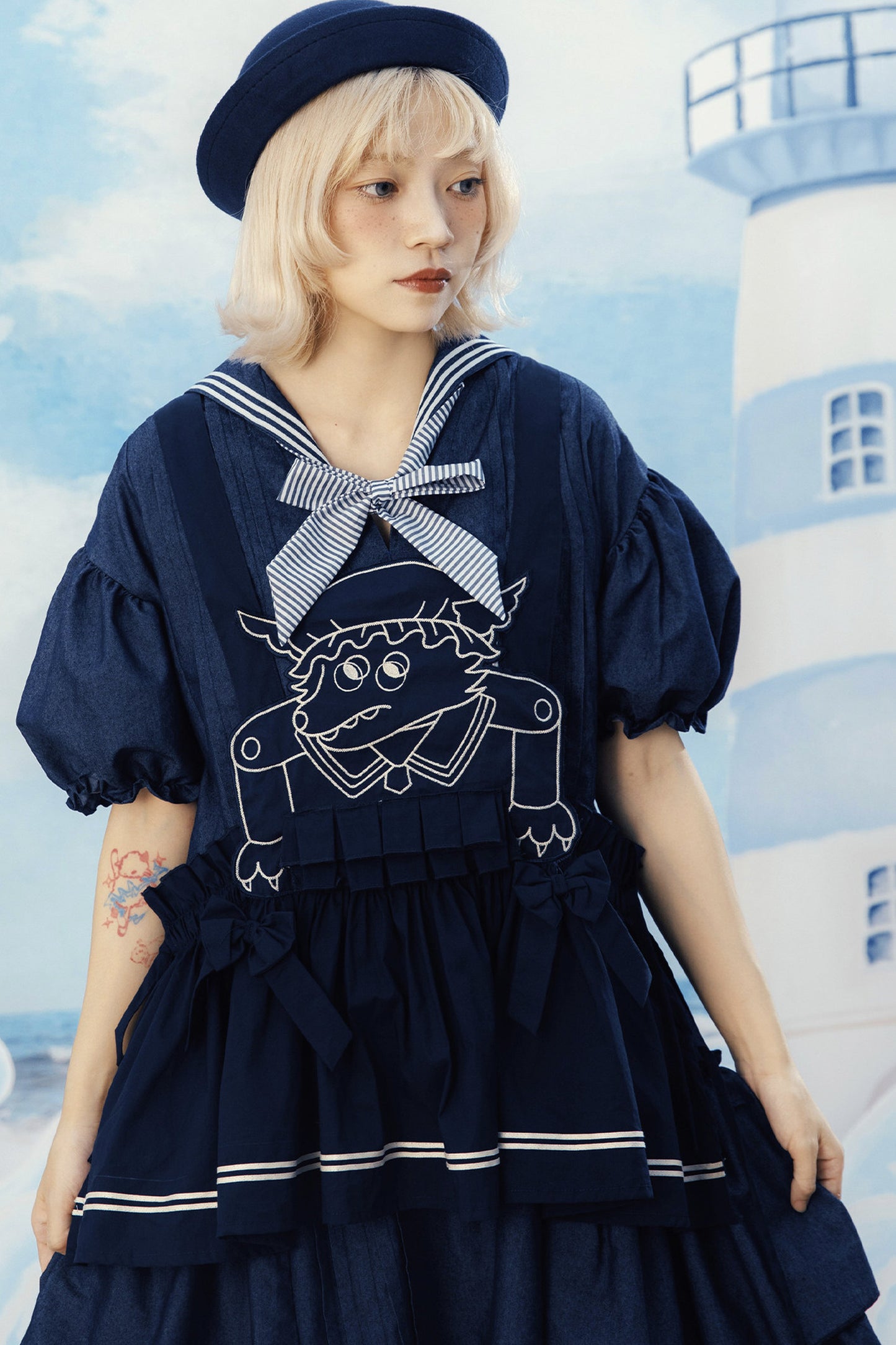 Layered-Look Wolf Embroidery Plaid Apron Dress