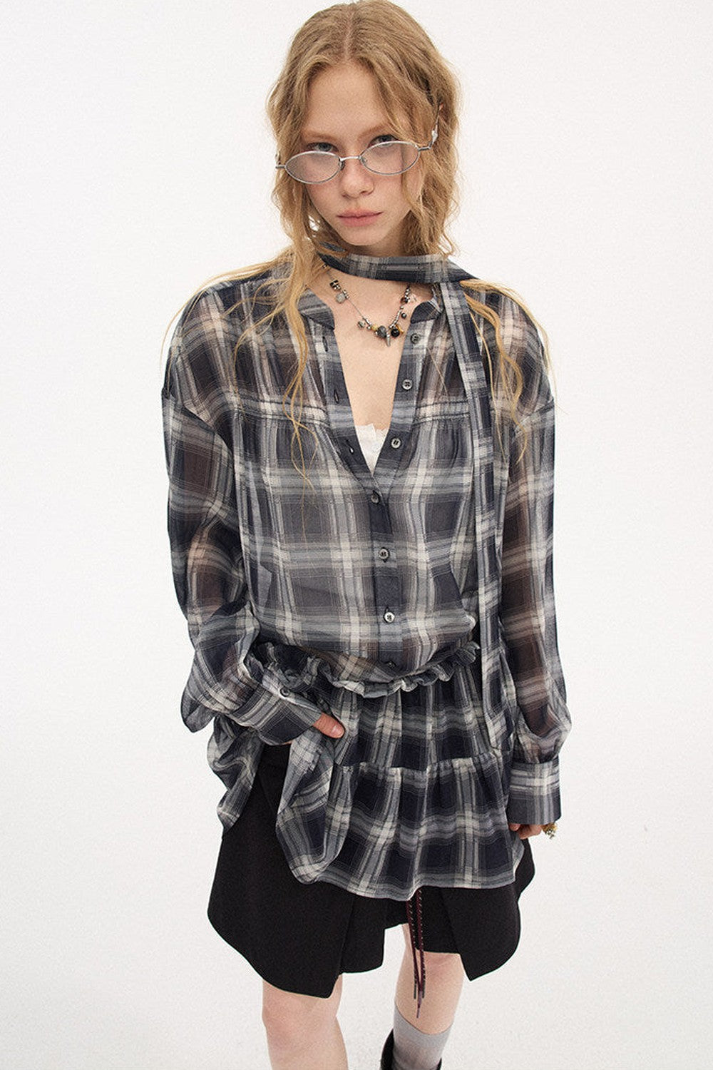 Drop Shoulder Plaid Blouse