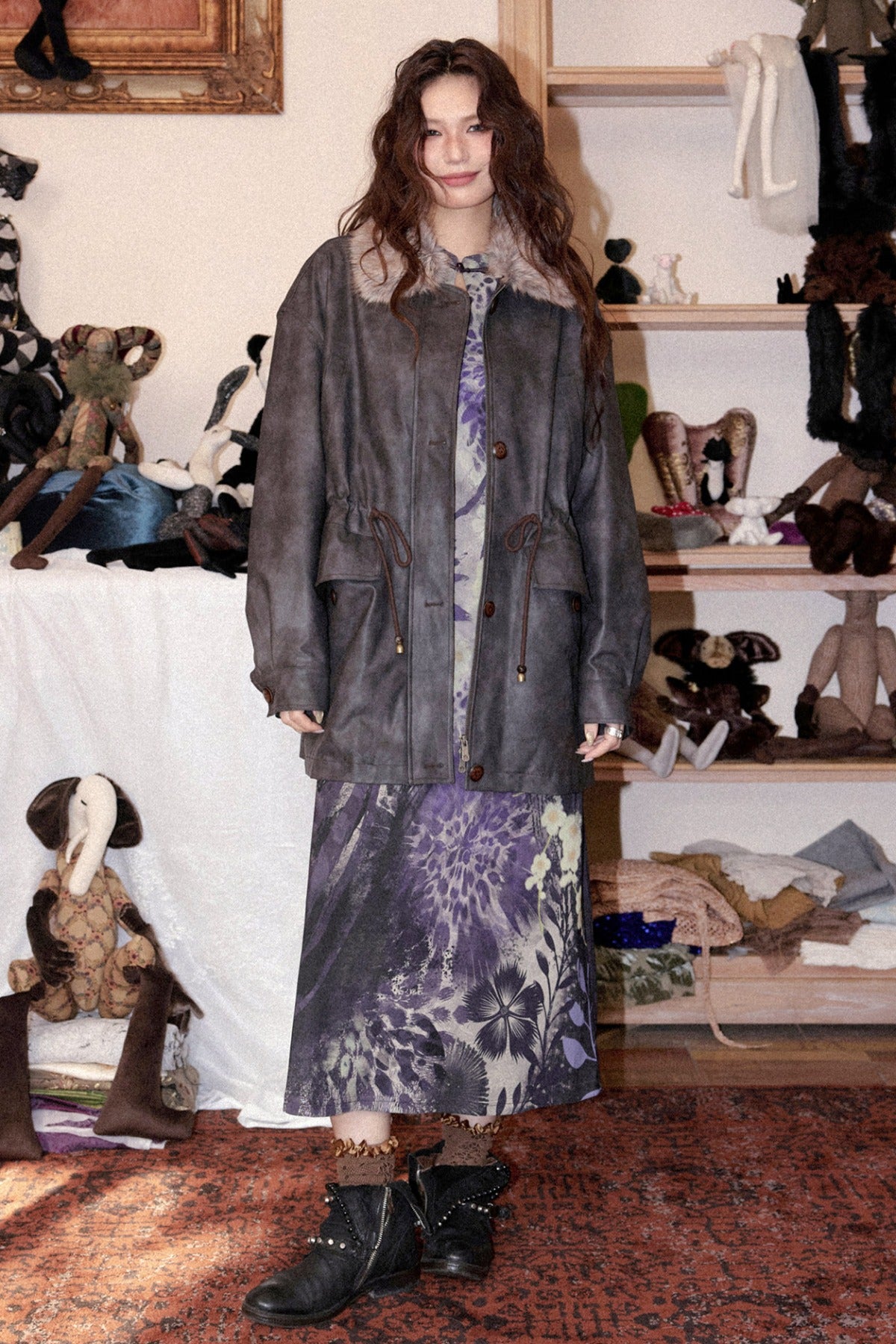 Fleece-Lined Detachable Fur Collar Leather Jacket
