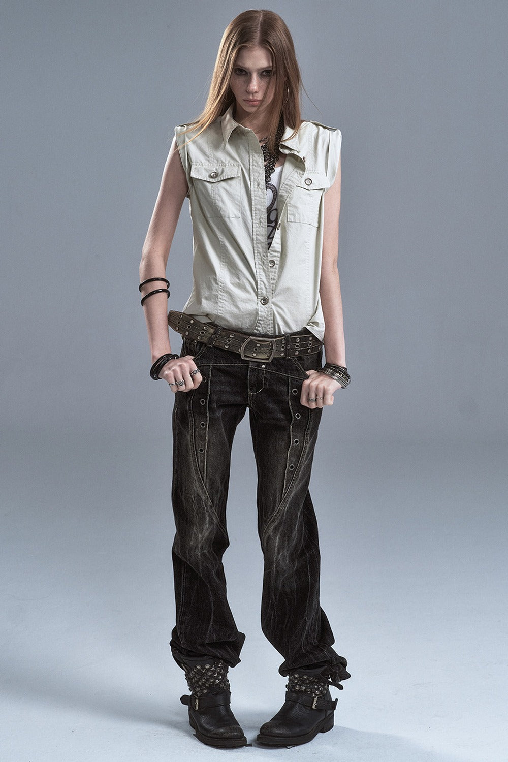 Washed Denim Flared Punk Pants