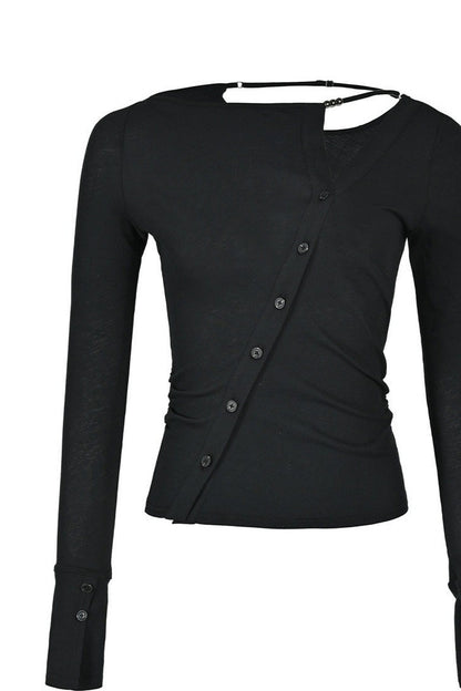 High-Elastic Diagonal Placket Long-Sleeve T-Shirt