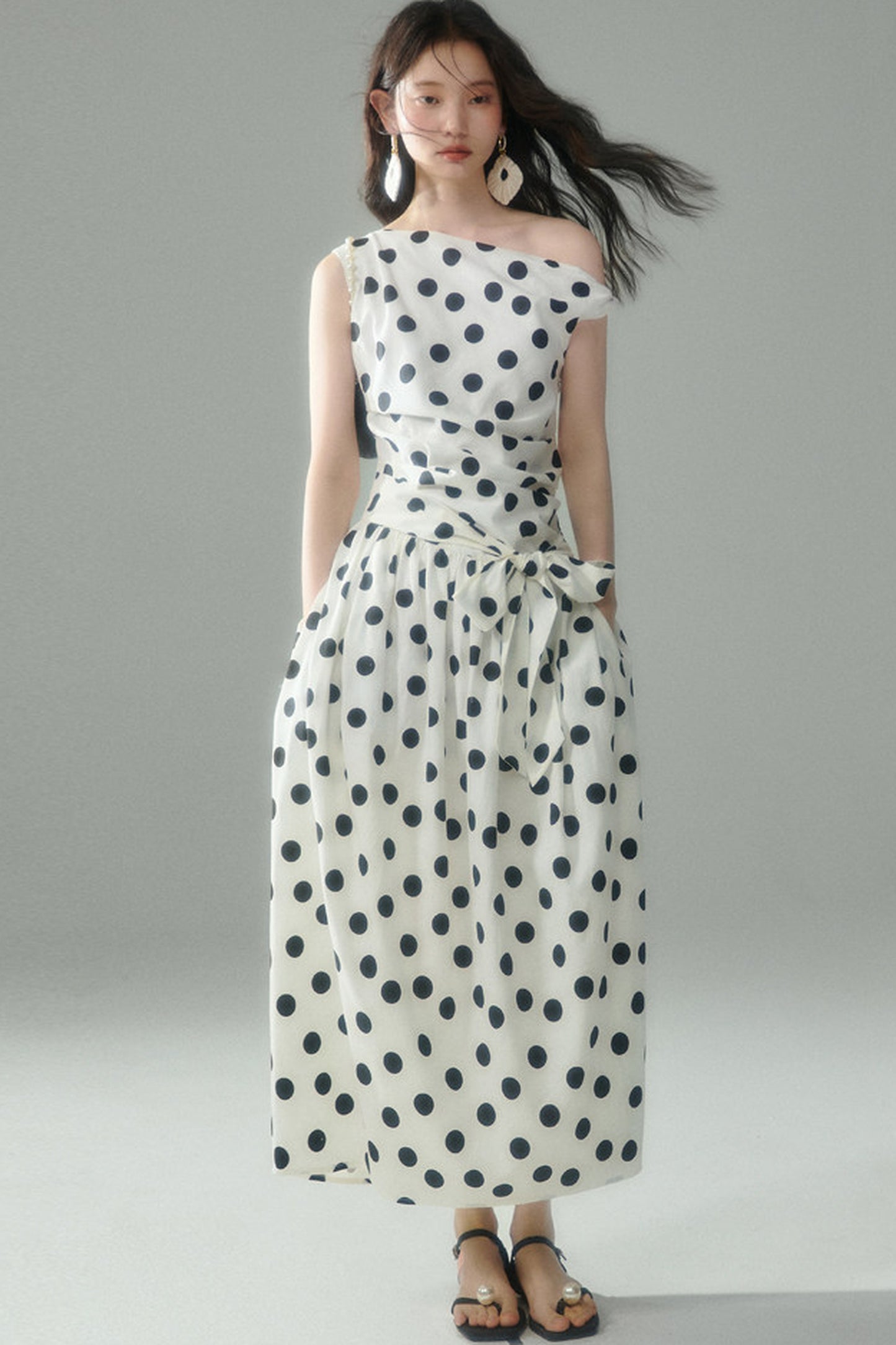 Off-Shoulder Polka Dot Twist Tie Dress