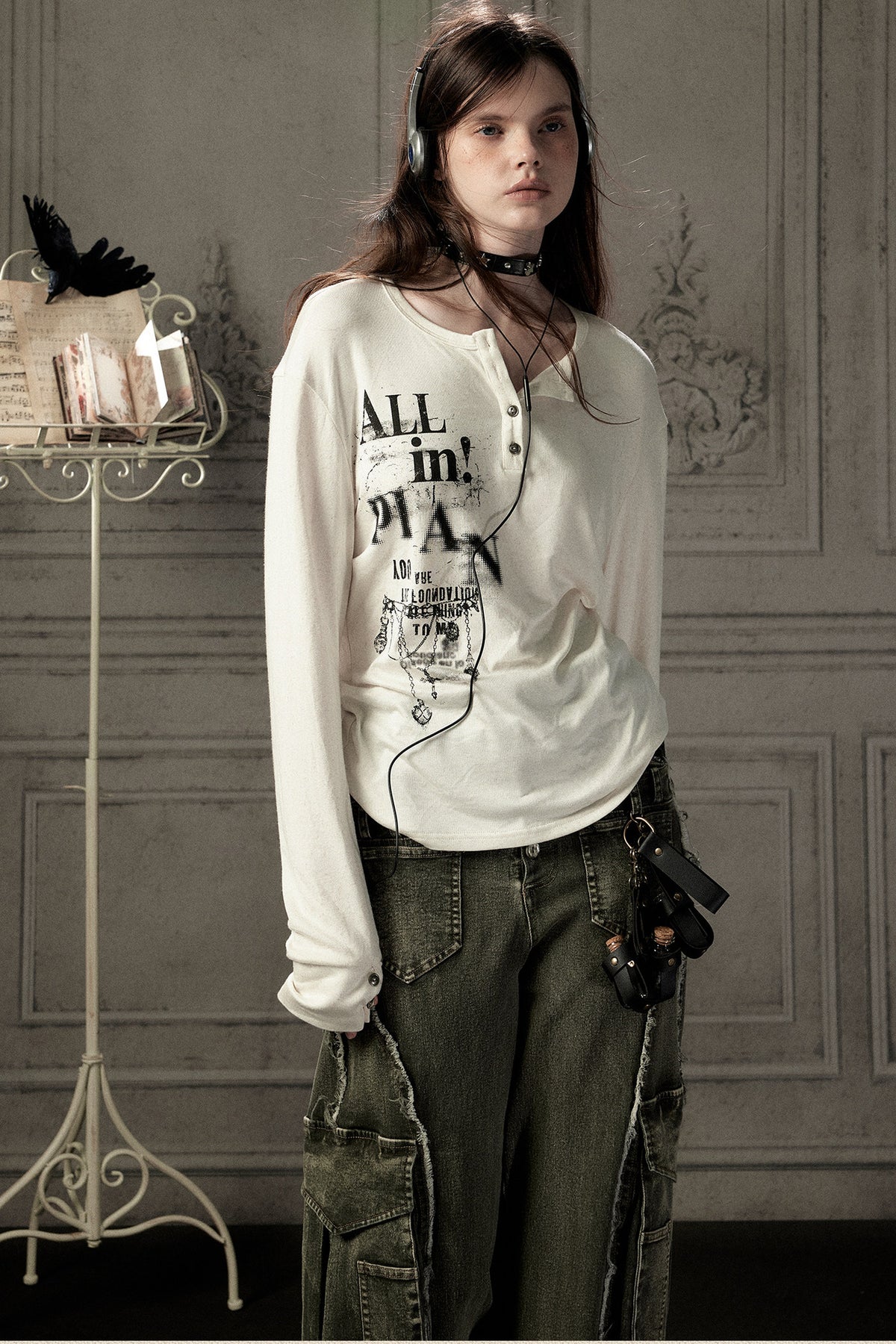 Beige Printed Long-Sleeved T-Shirt