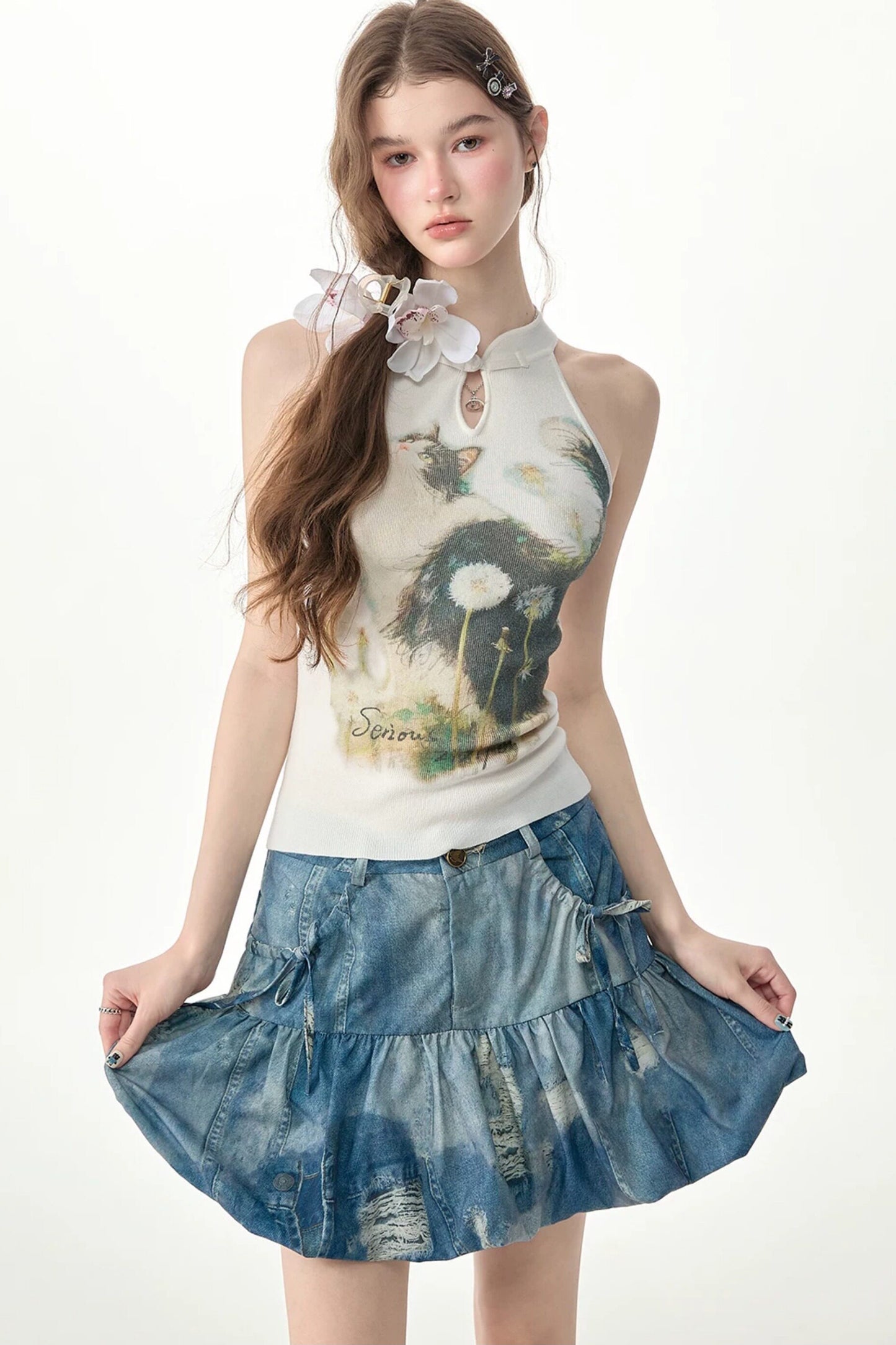 White Cat Print Knit Halter Top