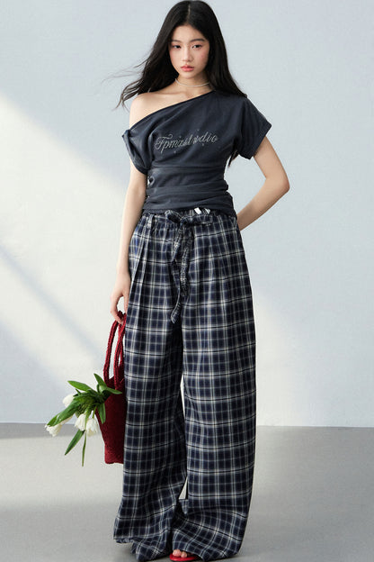 Navy Blue Plaid Wide-Leg Pants