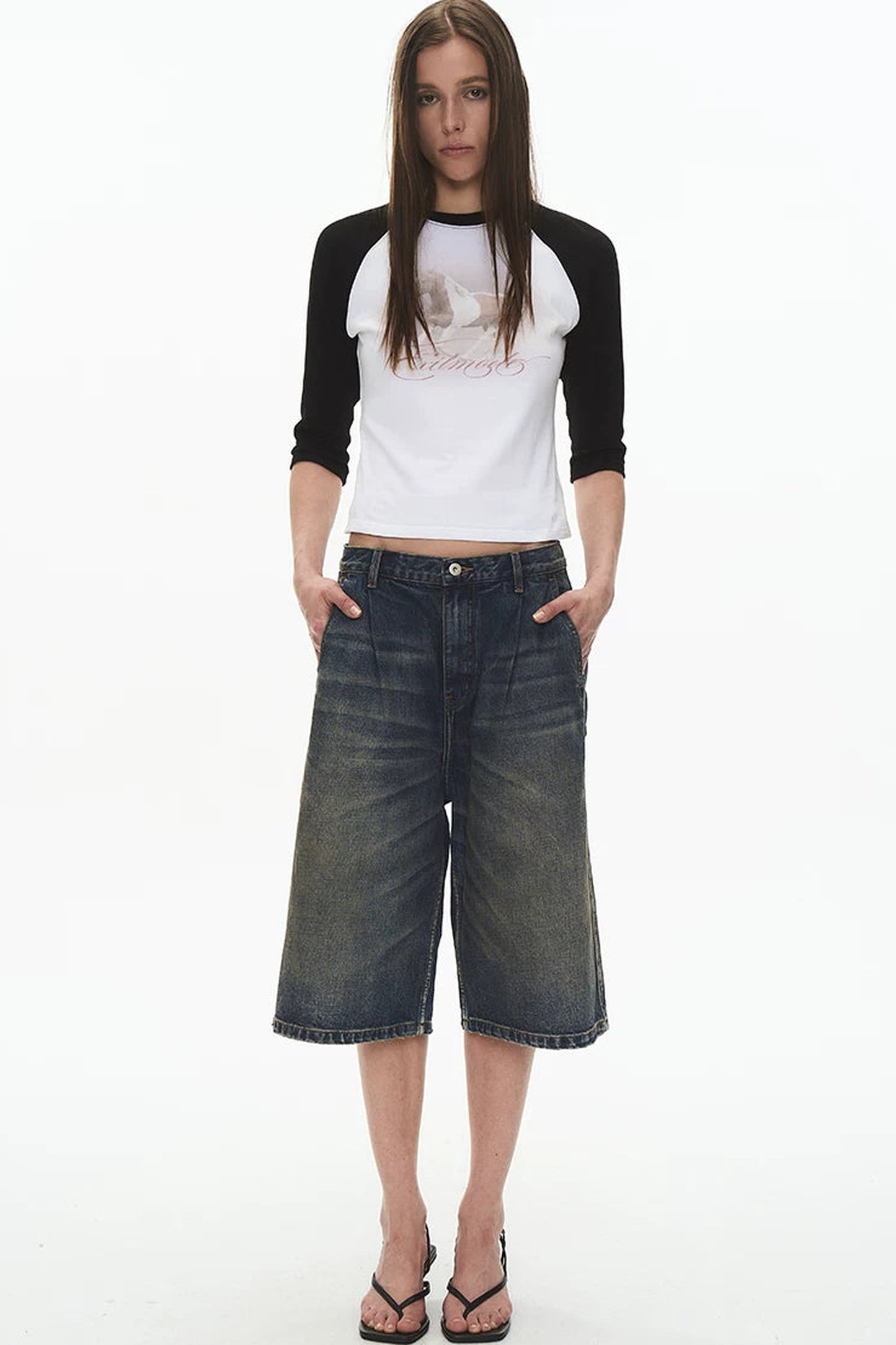 Pleated Distressed Denim Shorts