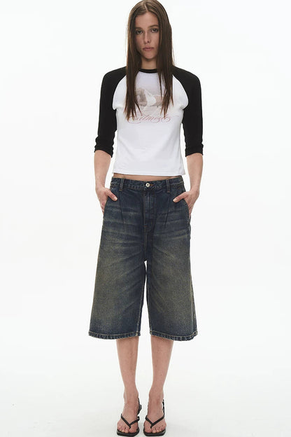 Pleated Distressed Denim Shorts