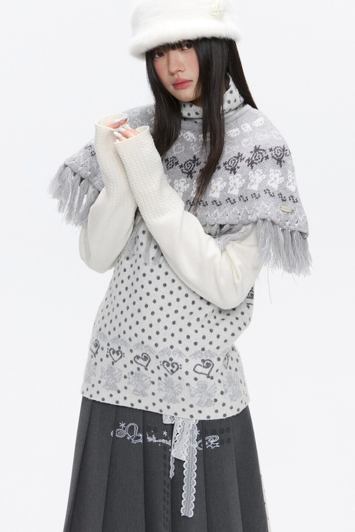 Fair Isle Tassel Knit Cape