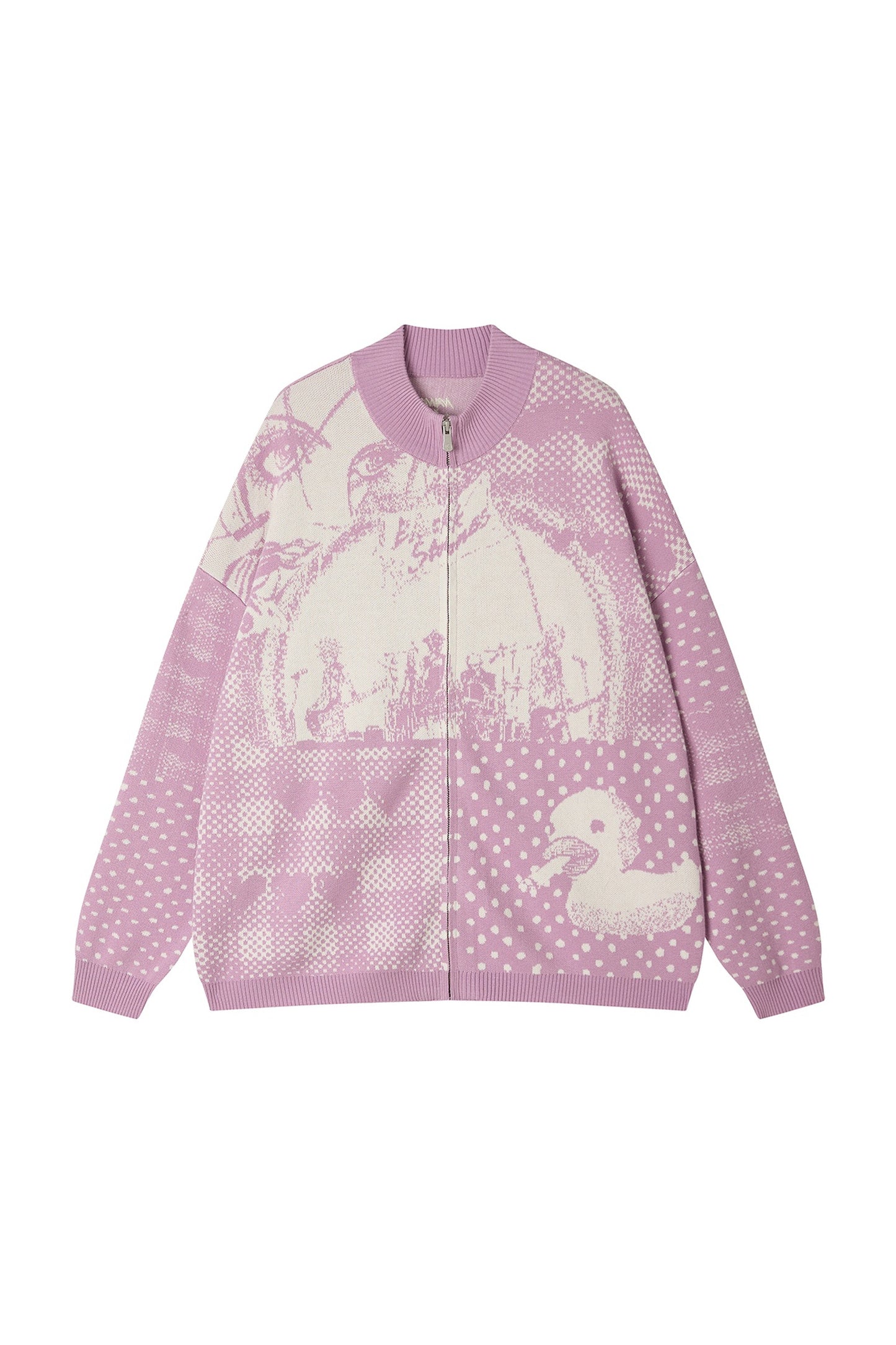 Zip Closure Polka Dot Portrait Print Cardigan