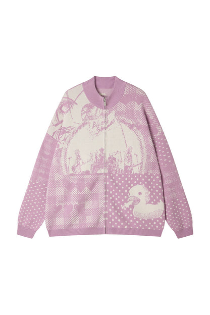 Zip Closure Polka Dot Portrait Print Cardigan
