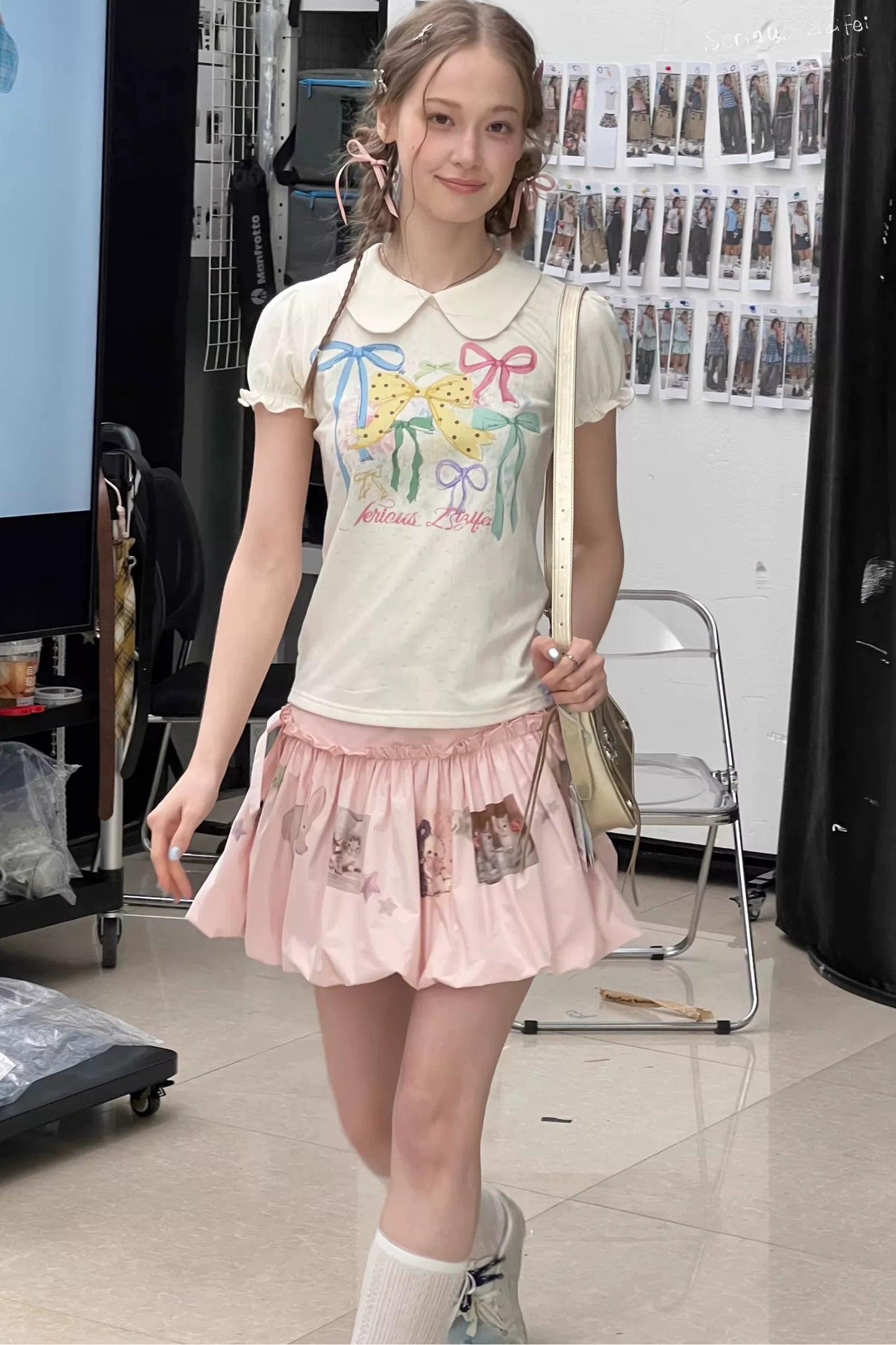 White Floral Bow Puff Sleeve T-Shirt