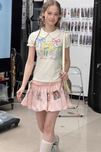 White Floral Bow Puff Sleeve T-Shirt