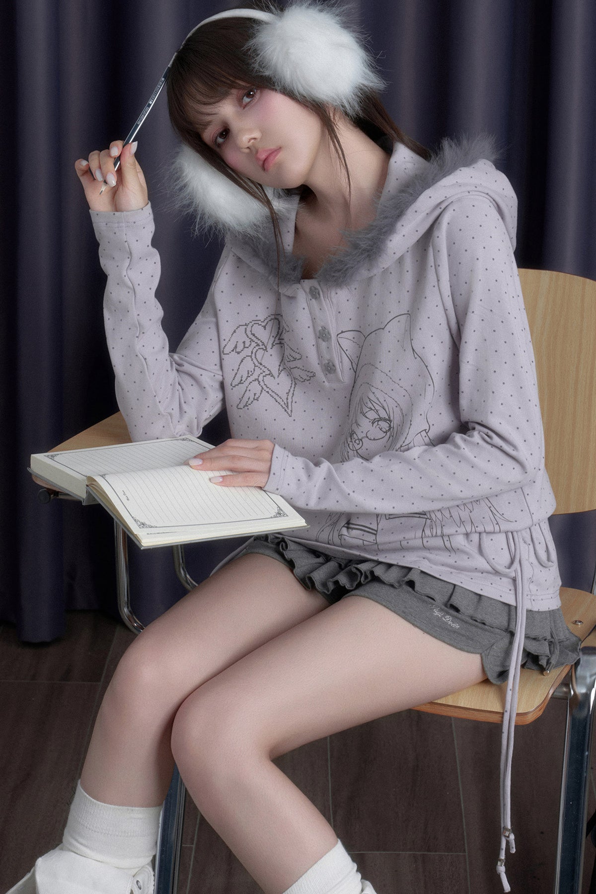 Gray Purple Printed Hoodie