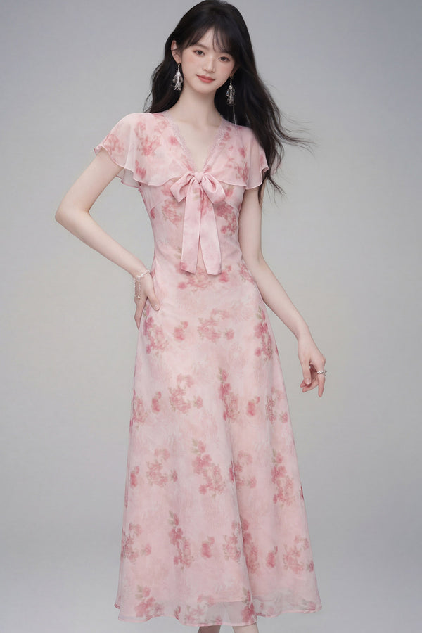 Pink Cherry Rose Floral Dress