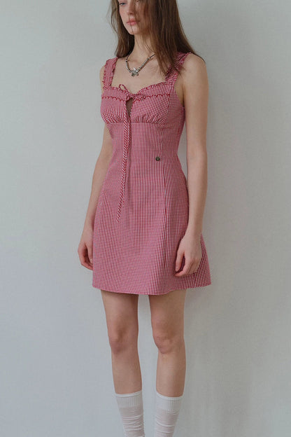 Red Gingham Ruffle Strap Dress