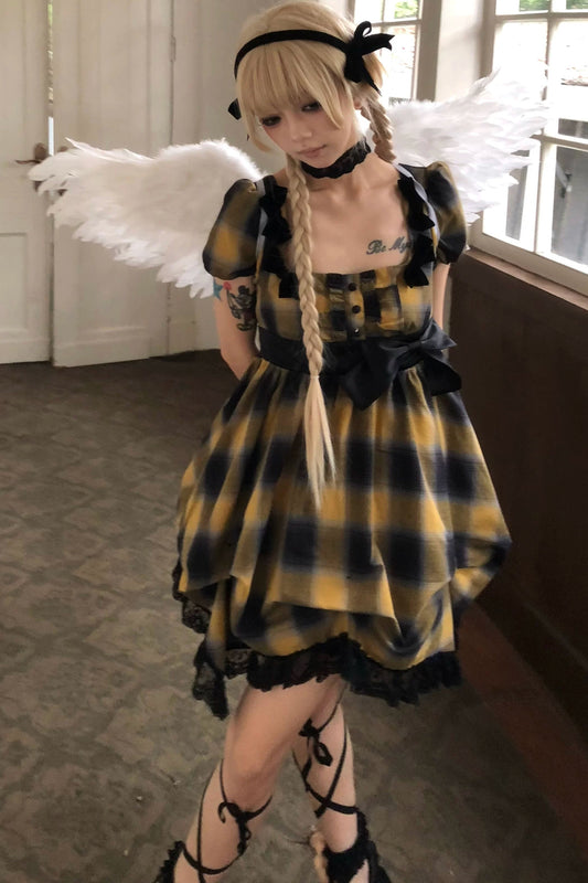 Yellow Plaid Puff Sleeve Dress Set-Up