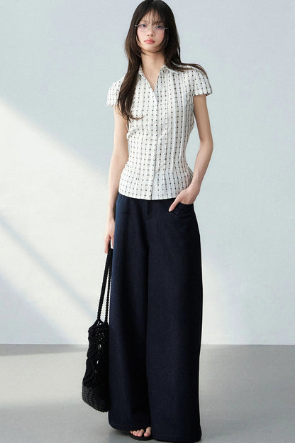 V-Neck Plaid Polka Dot Short Sleeve Shirt Set-Up
