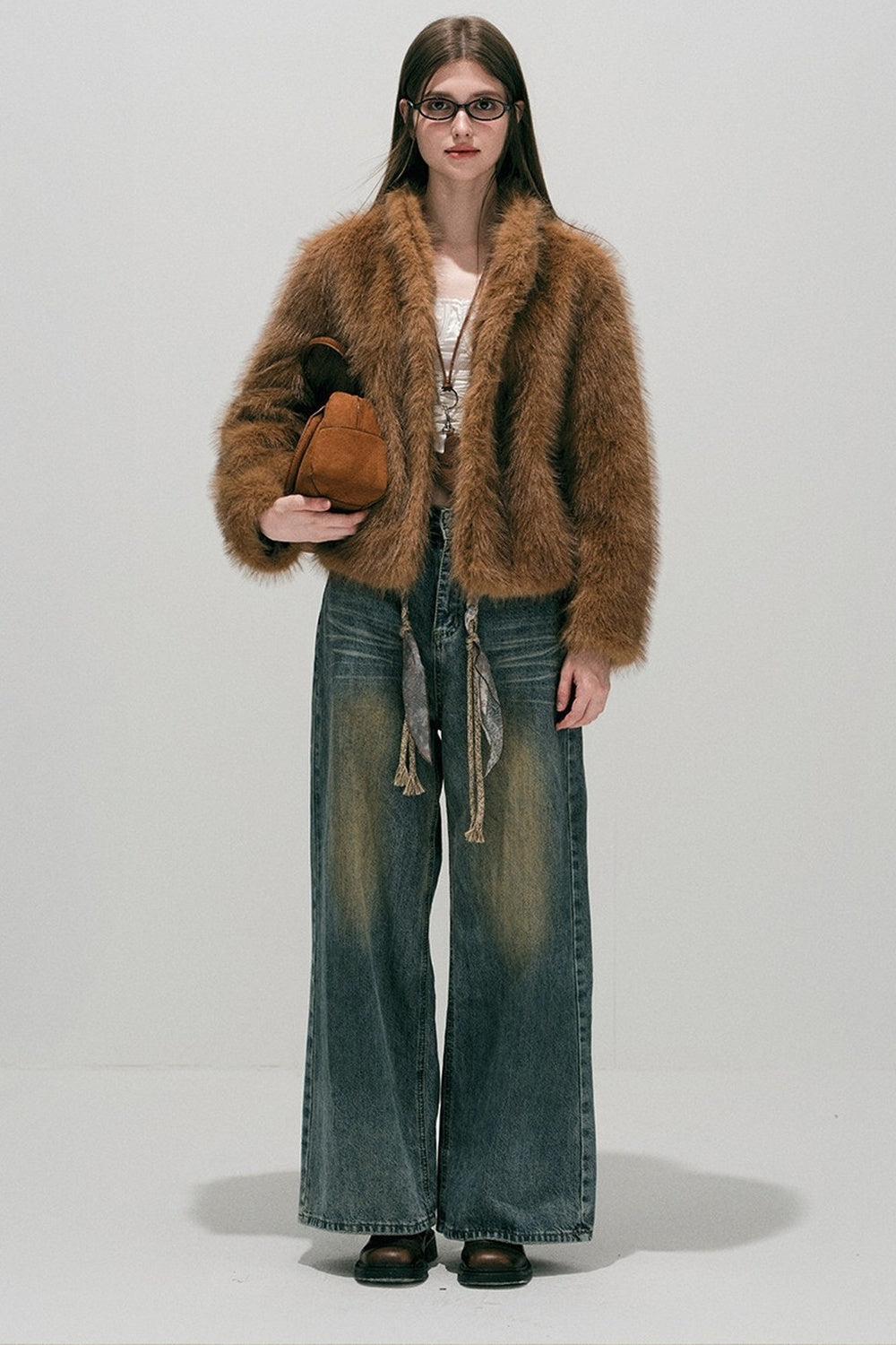 Loose Wide Leg Woven Belt Jeans