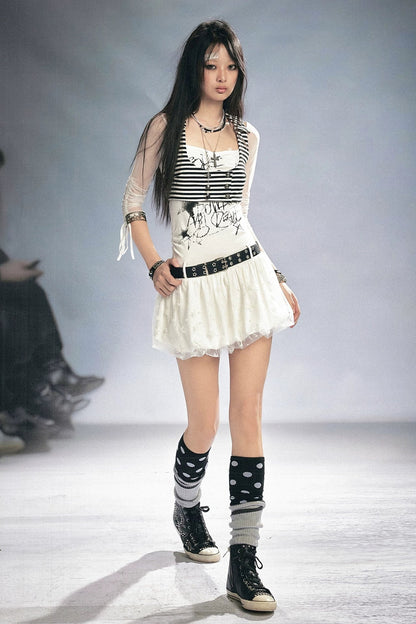 Patchwork Mesh Knit Dress Set-Up