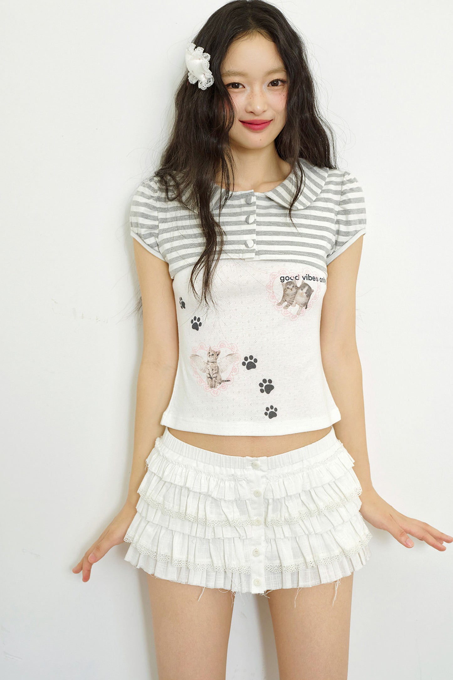 Cat Print Faux Two-Piece Knit Top