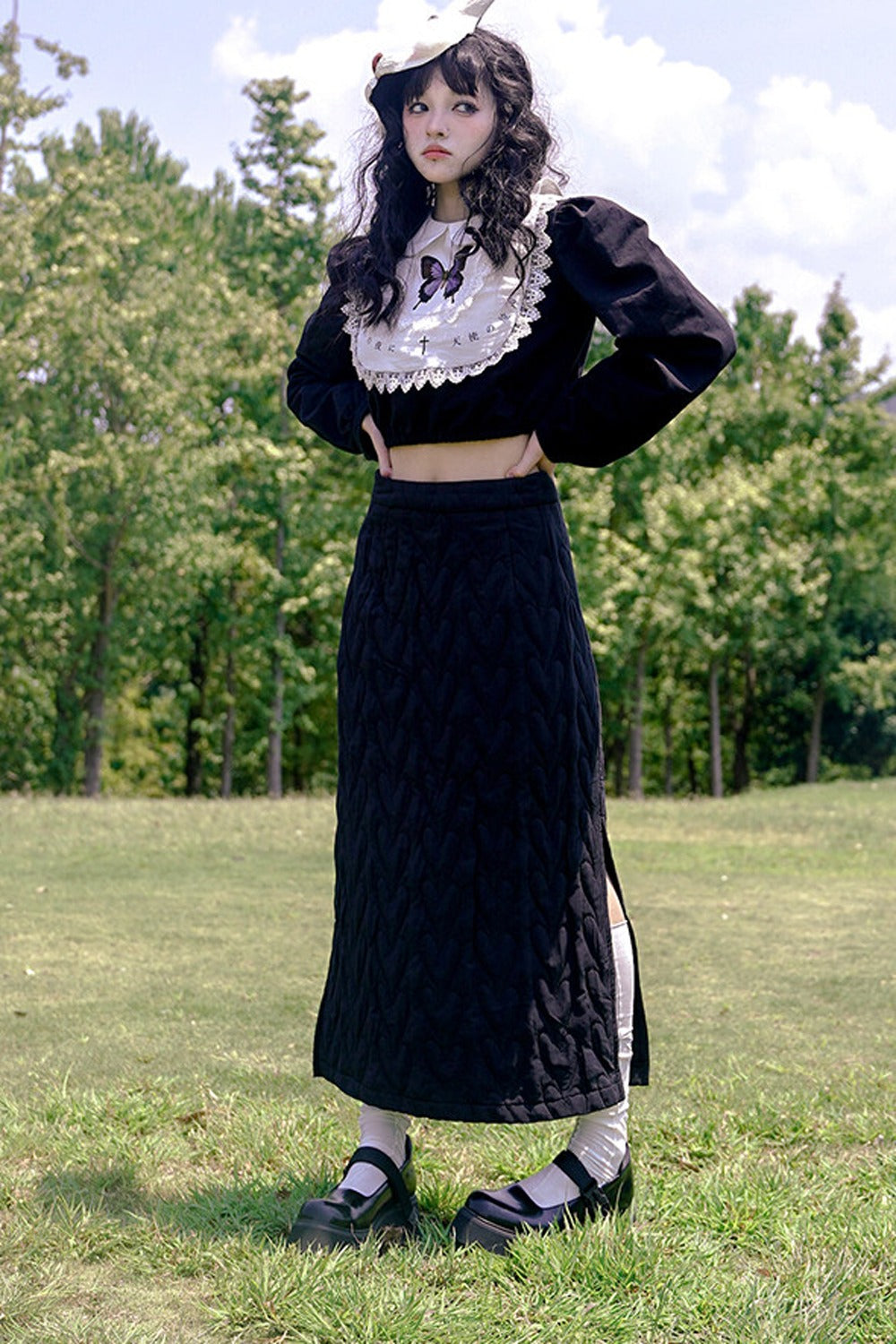 Heart Jacquard Slit Skirt