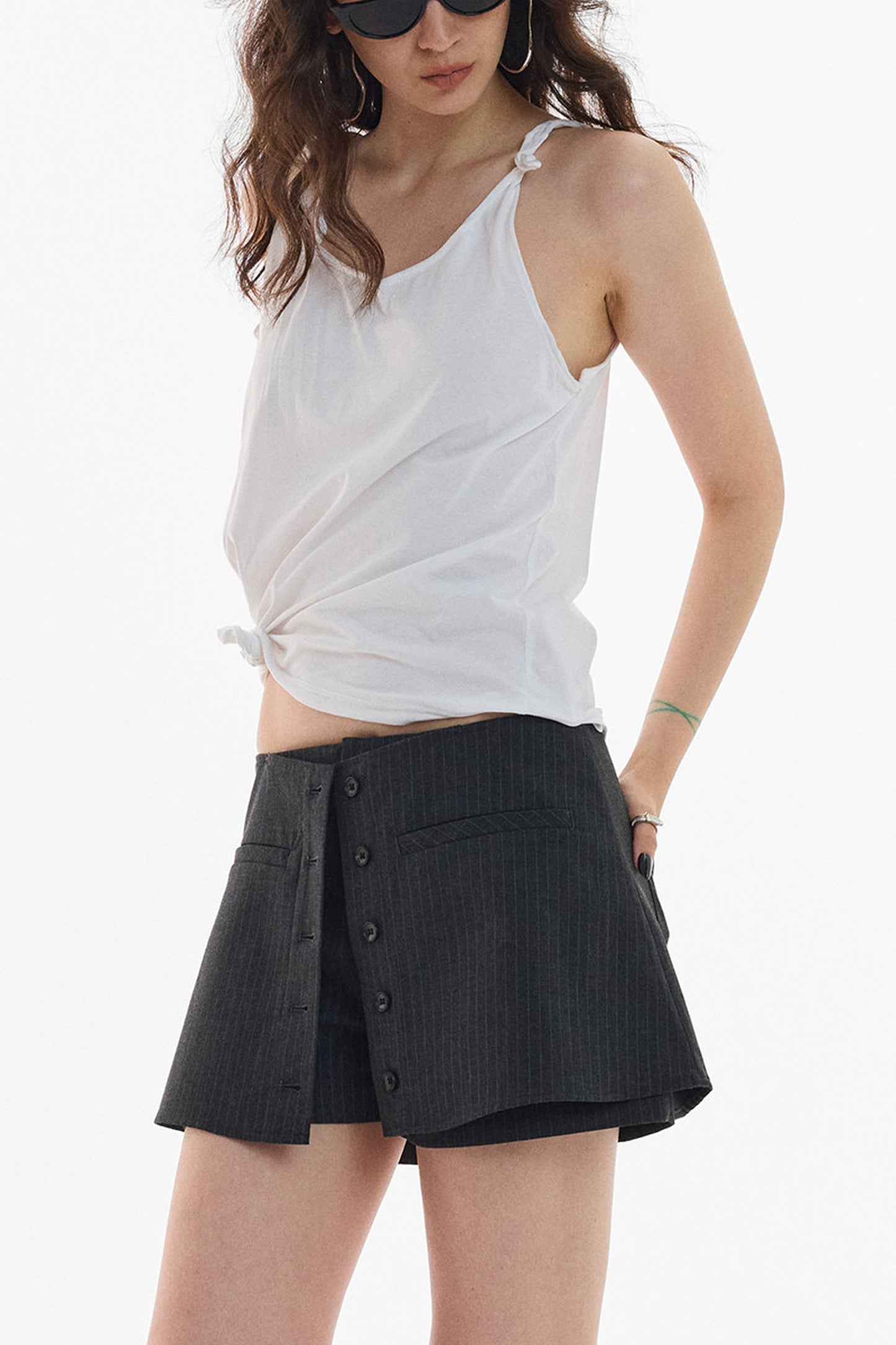 Gray White Striped Button Front Skirt