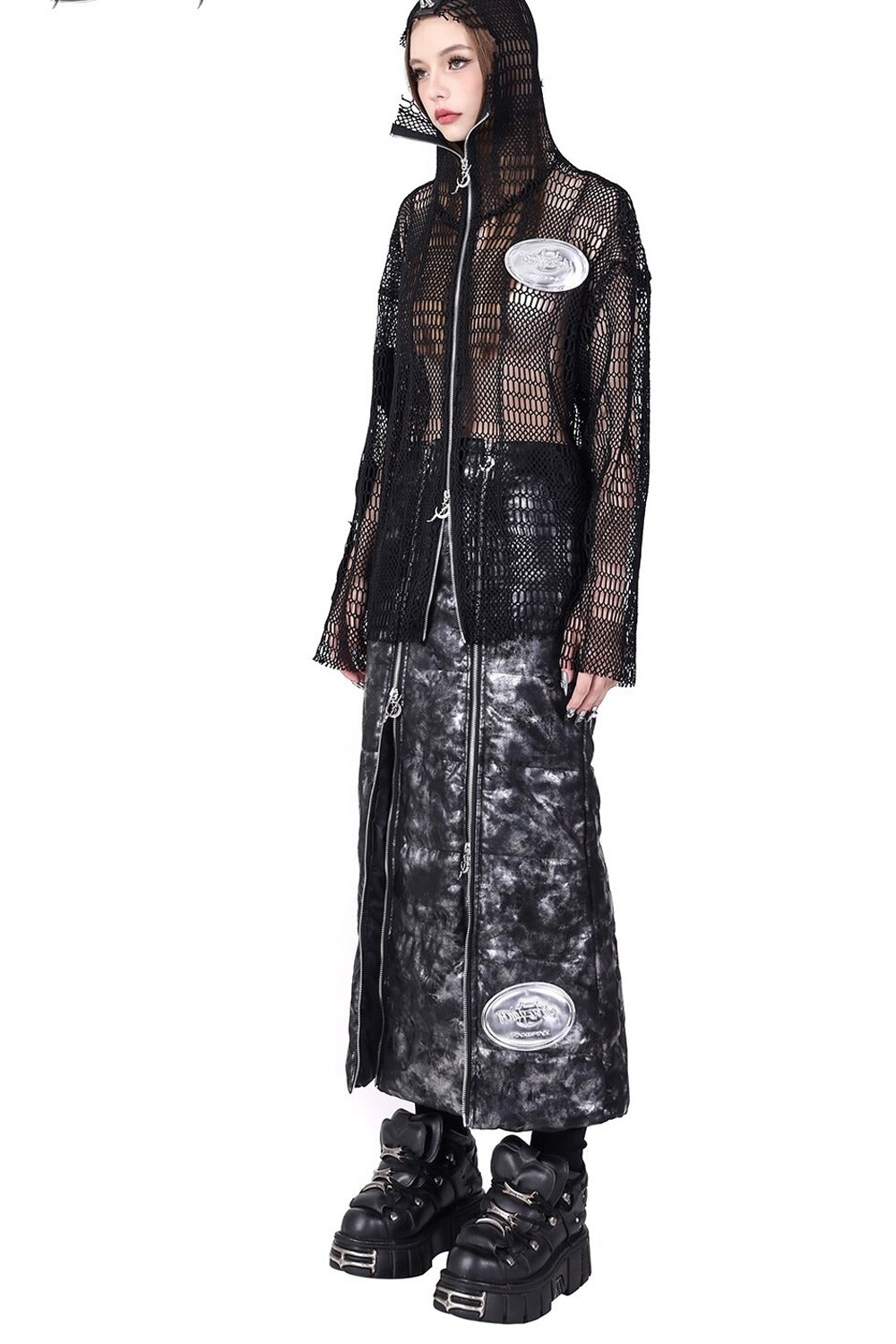 Rivet Hooded Mesh Patch Embroidery Jacket
