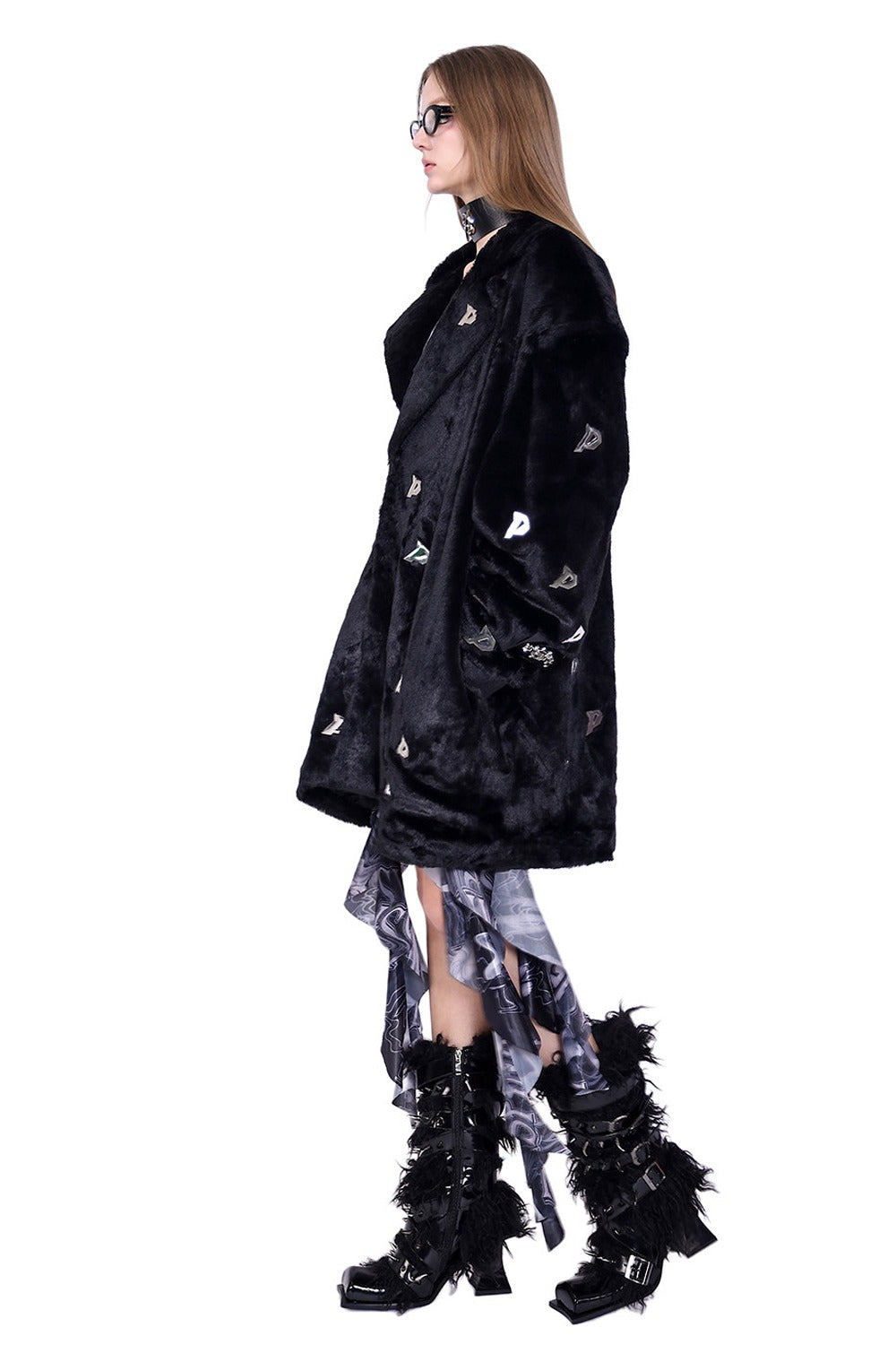 Letter Quilted Shoulder Pads Genderless Black Fur Jacket