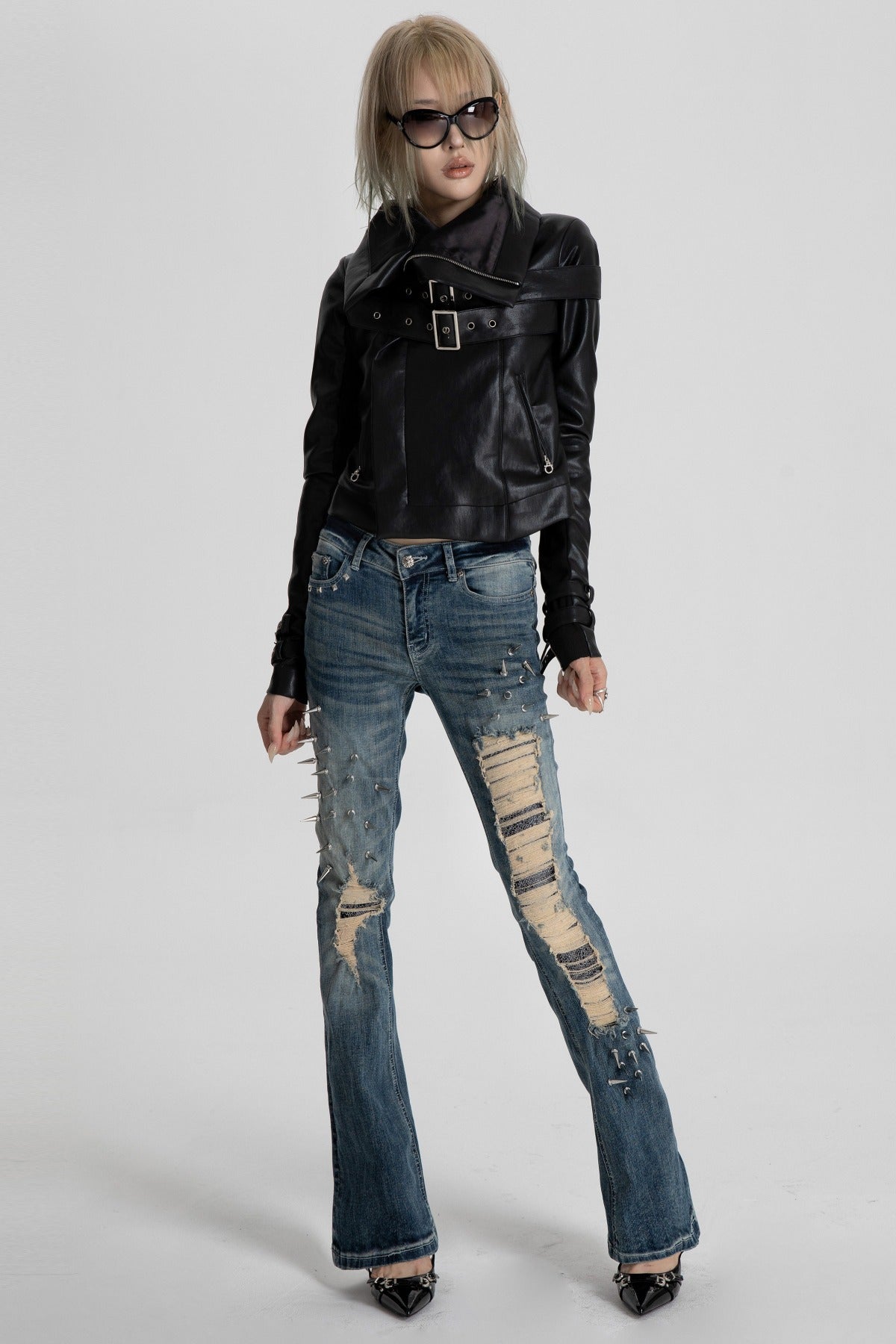 Spiked Snake Patch Flared Jeans