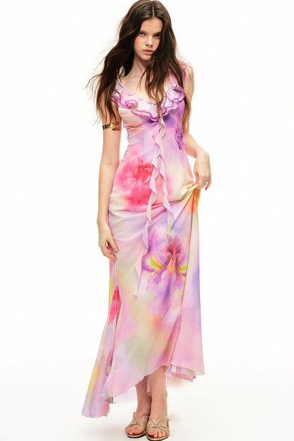 Maxikleid mit V-Ausschnitt, Rüschen und Blumenmuster