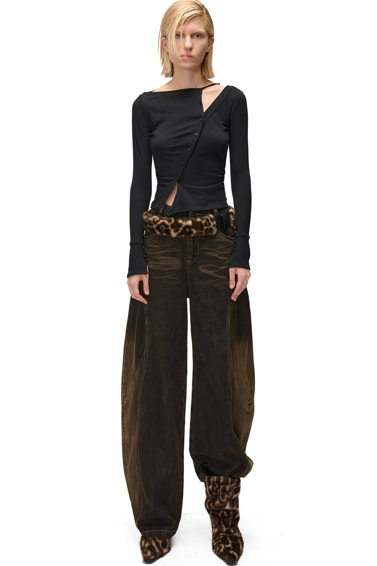 High-Elastic Diagonal Placket Long-Sleeve T-Shirt