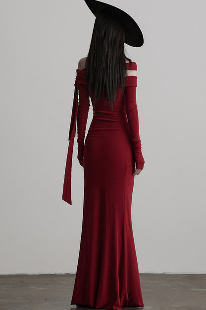 French Off-Shoulder Knitted Long-Sleeve Dress