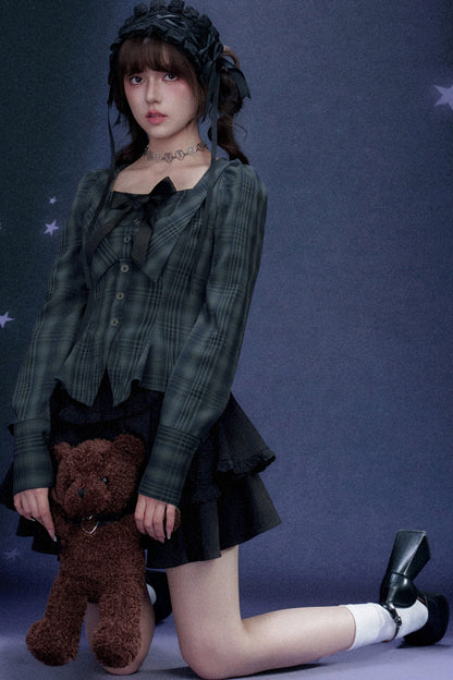 Blue Black Plaid Square Neck Shirt