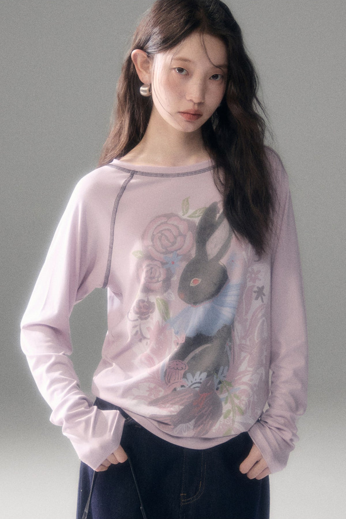 Bunny Print Tencel Long-Sleeved T-Shirt and Pants Set-Up