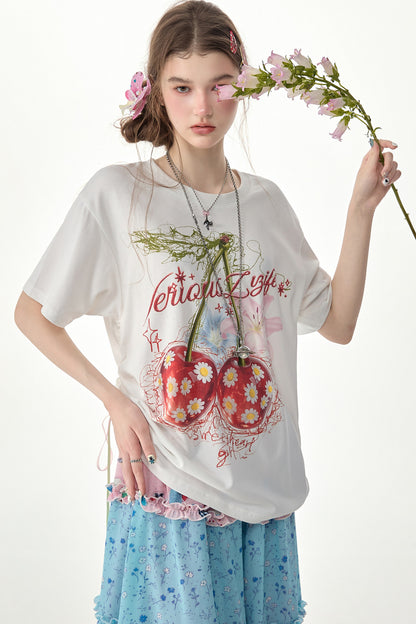 Cherry Daisy Print Short Sleeve T-Shirt