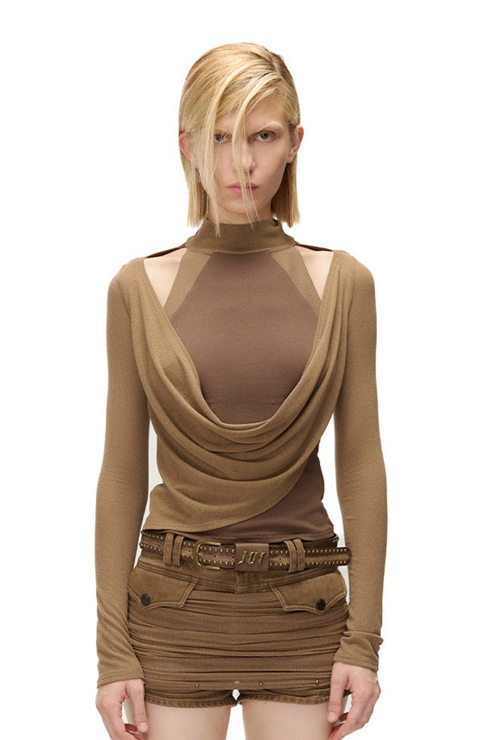 Layered-Look Swing Collar Off-Shoulder T-Shirt