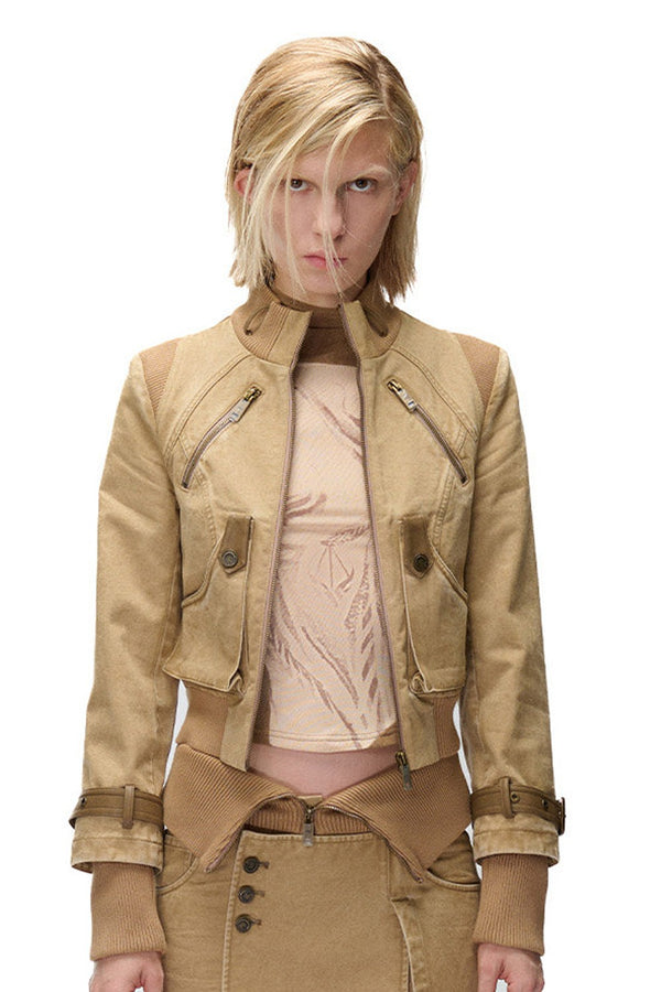 Washed Distressed Patchwork Short Jacket