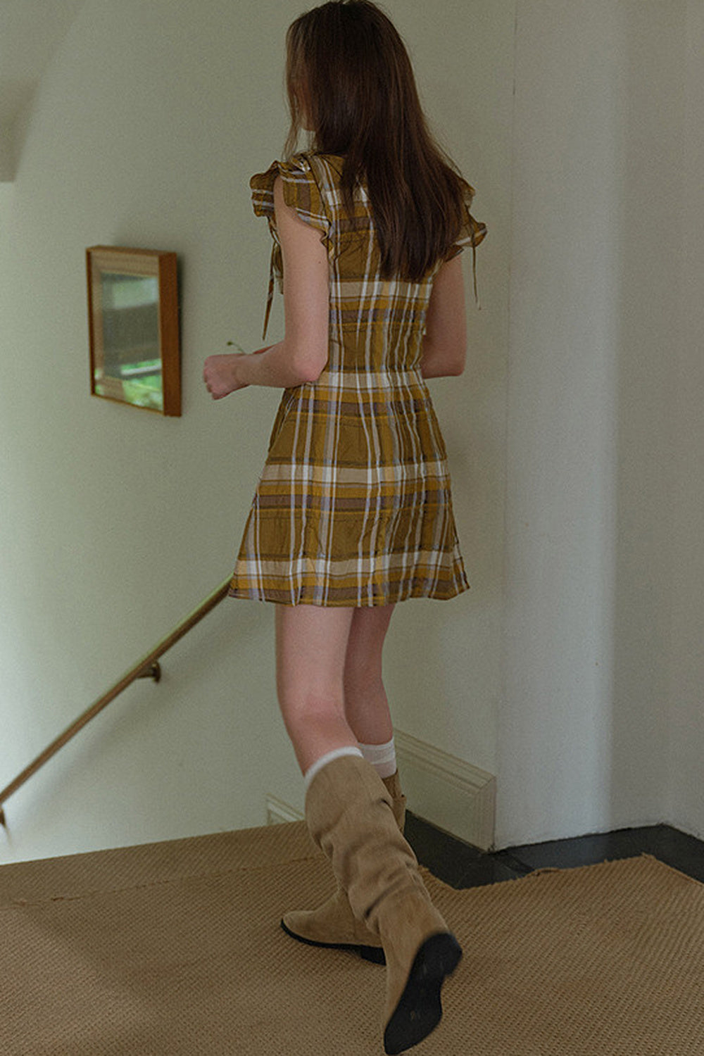 Brown Yellow Plaid Lace Trim Short Sleeve Dress