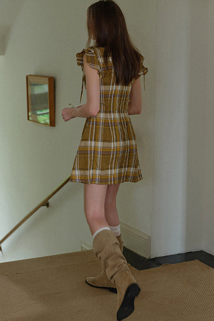 Brown Yellow Plaid Lace Trim Short Sleeve Dress