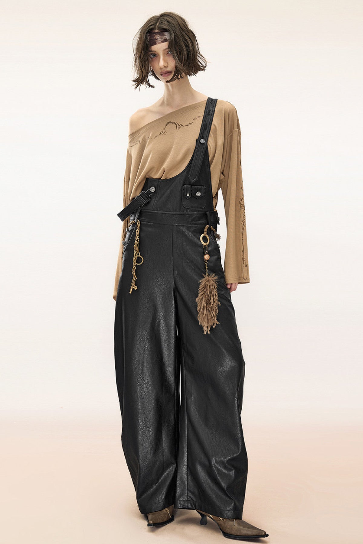 Wide-Leg Suspender Leather Pants