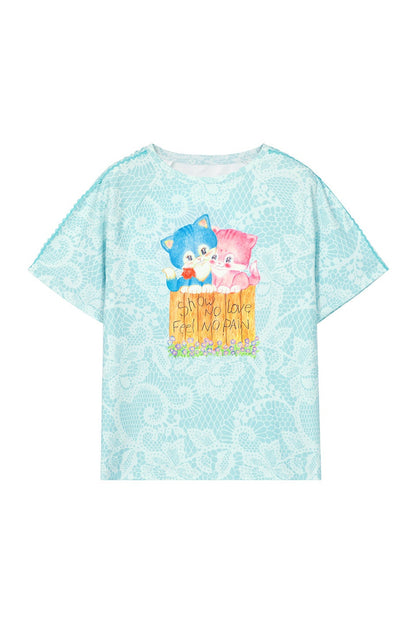 Tee-shirt en dentelle à épaules dénudées chaton bleu