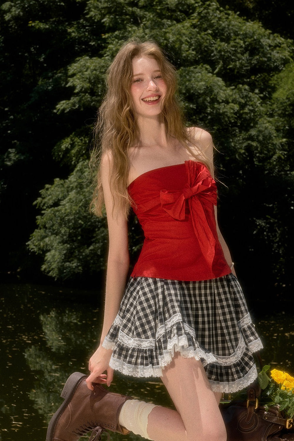White Plaid Lace Skirt