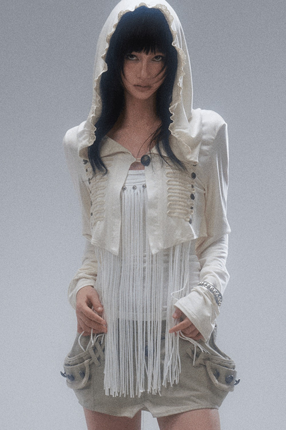 Beaded Wool Hooded Knit Cardigan