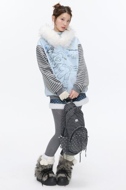 Striped Raglan Fur Collar Jacket