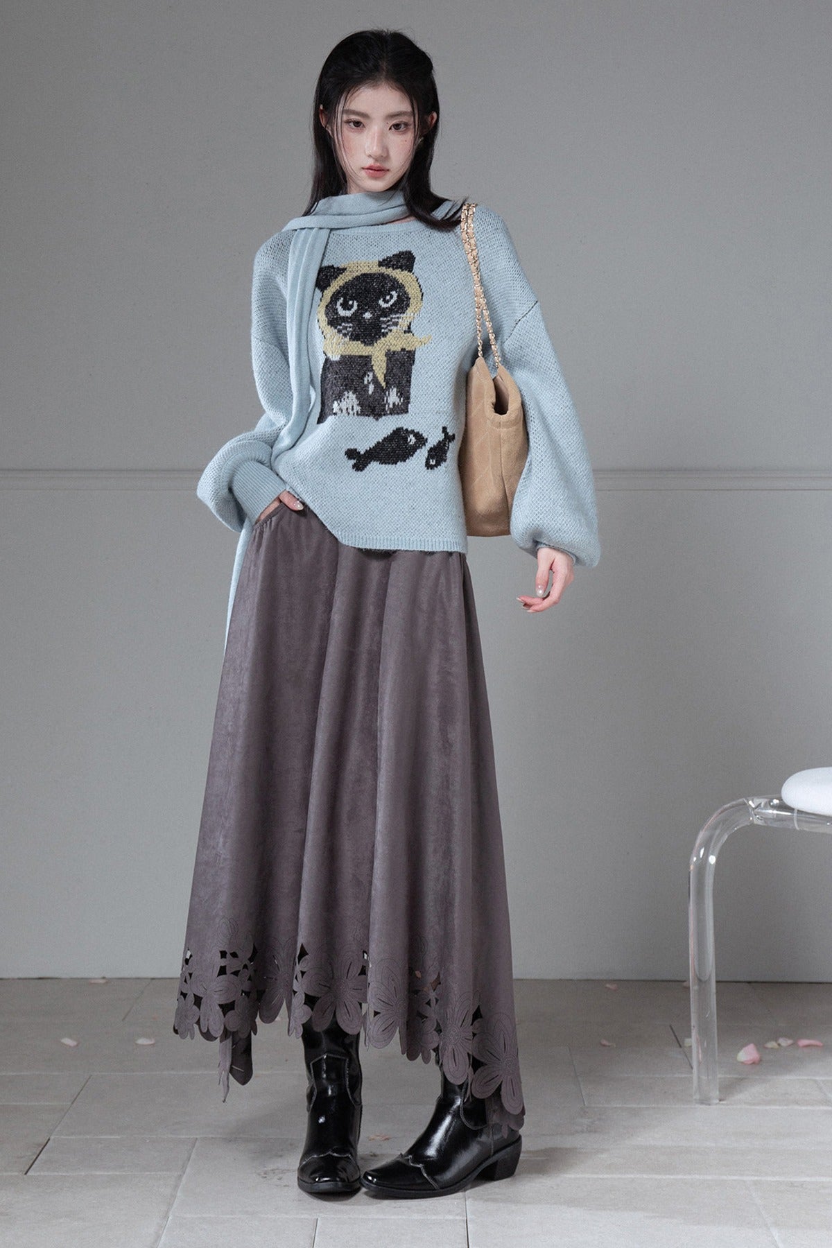 Black Cat Jacquard Wool Lantern Sleeve Sweater