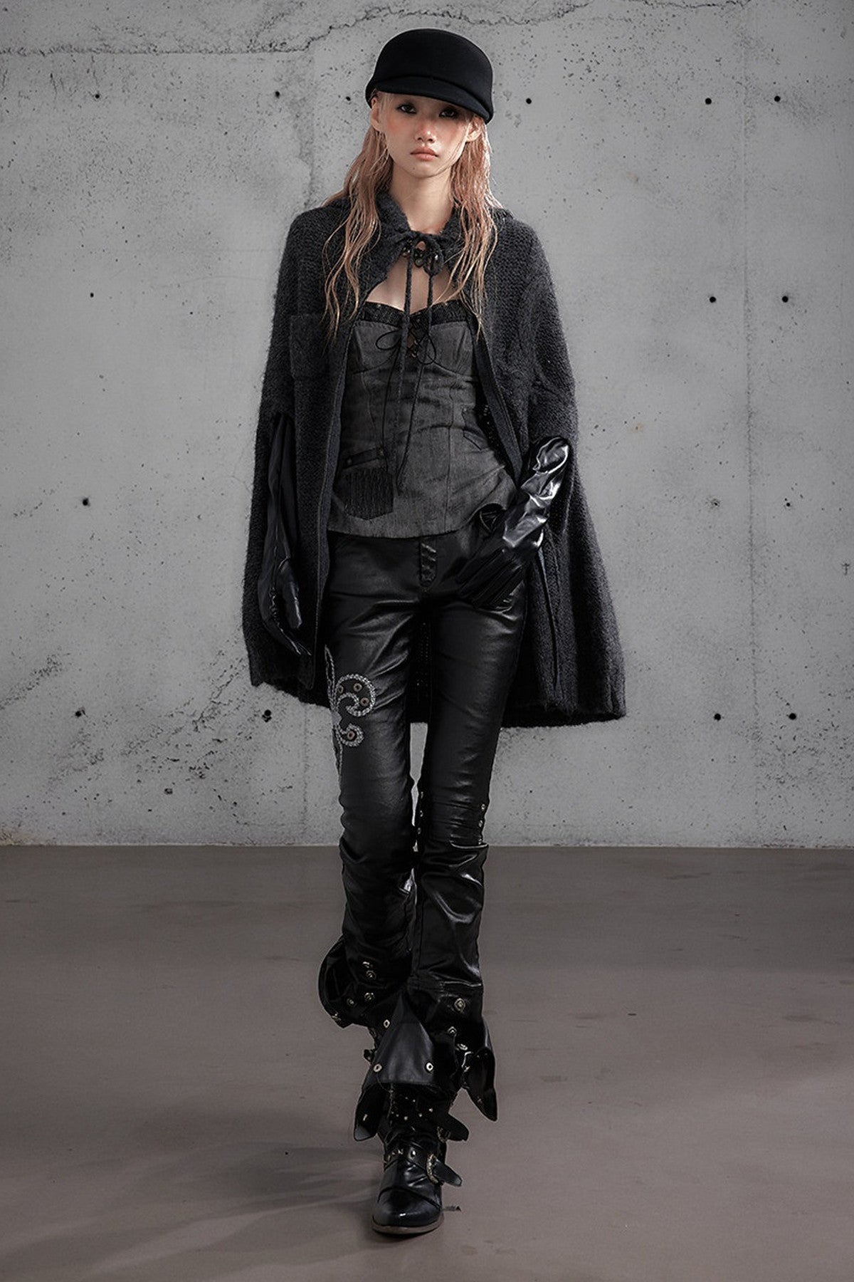 Punk Rock Embroidered Waxed Leather Pants