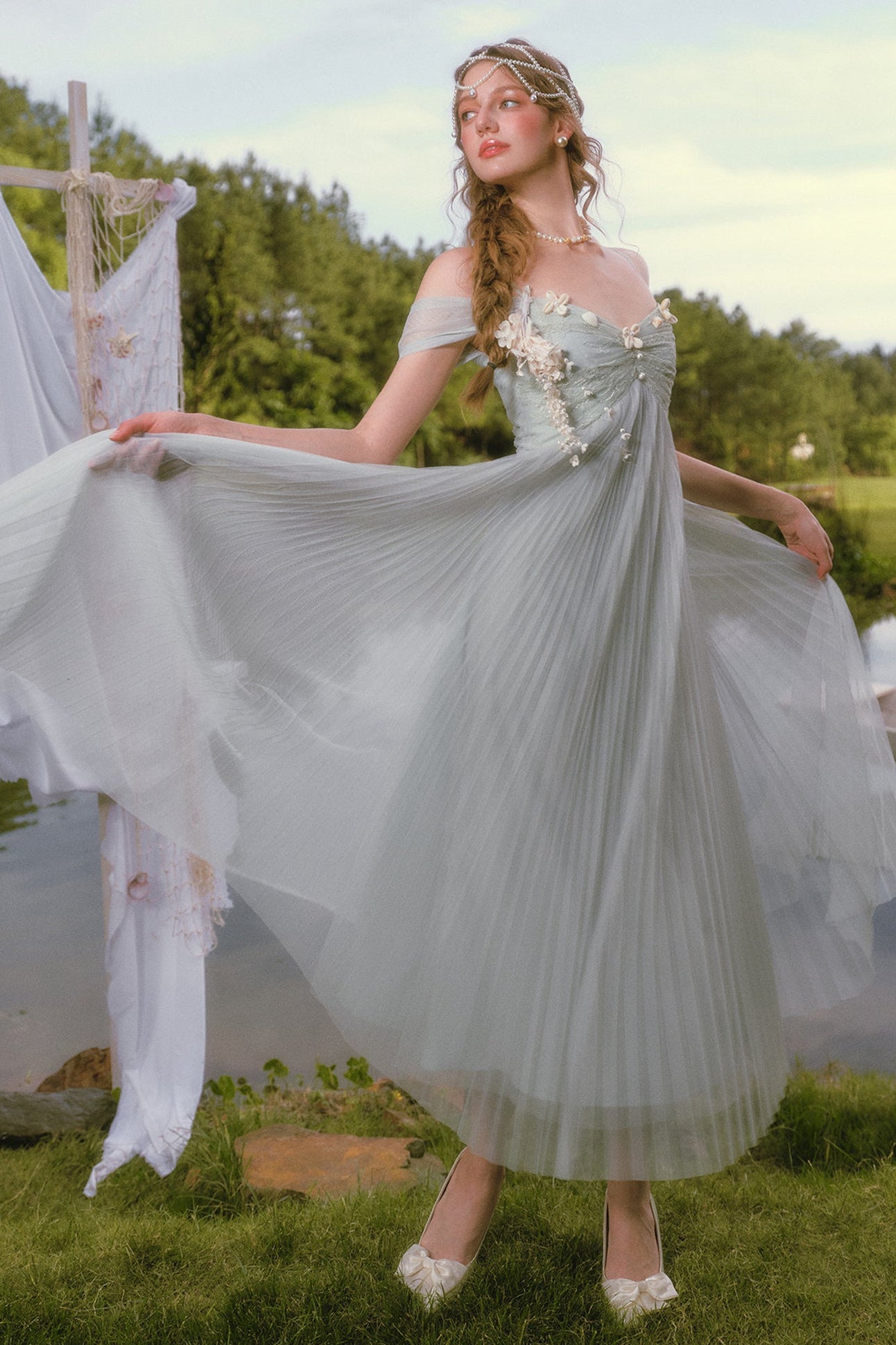 Pearl Shell Pleated Strap Dress